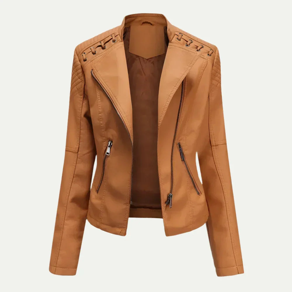 Veste Femme Chic Asymétrique avec Zip et Épaules Matelassées