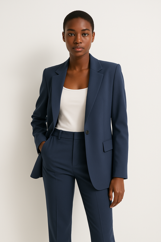 Costume Pantalon Chic Bleu Marine avec Blazer Beige pour Bureau ou Événements