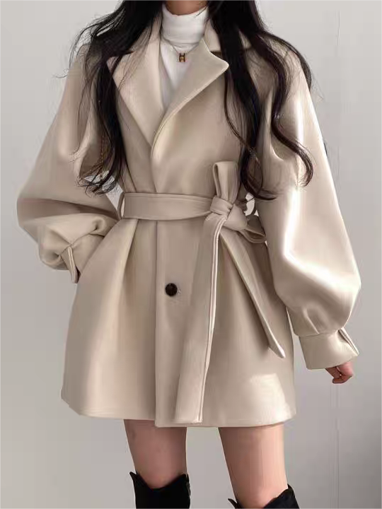 Manteau Chic à Manches Bouffantes et Ceinture pour Toutes Occasions