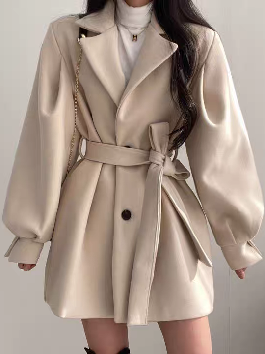 Manteau Chic à Manches Bouffantes et Ceinture pour Toutes Occasions