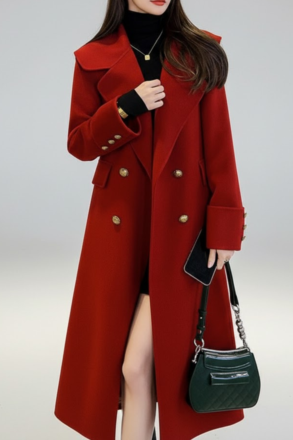 Manteau Trench Long Rouge à Double Boutonnage pour Femmes – Vêtements d'Hiver Élégants