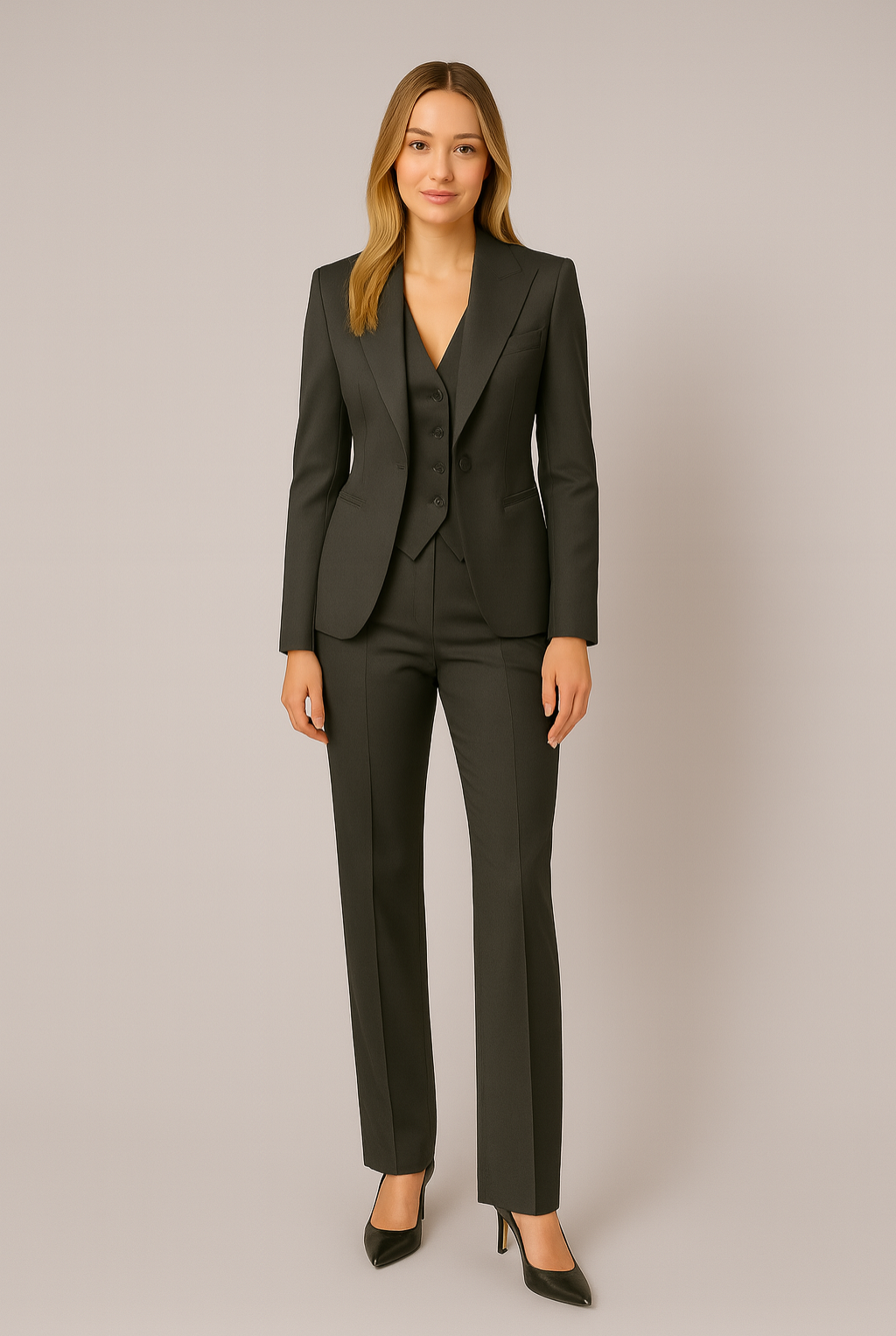 Ensemble de Costume Trois Pièces Noir Chic pour Femmes – Blazer Sophistiqué, Gilet, Pantalon pour le Travail ou les Événements