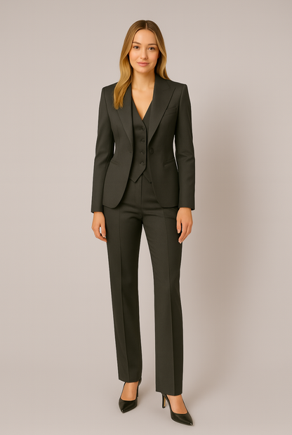 Ensemble de Costume Trois Pièces Noir Chic pour Femmes – Blazer Sophistiqué, Gilet, Pantalon pour le Travail ou les Événements