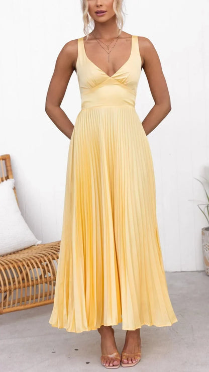 Robe Maxi Plissée Jaune à Col V pour Occasions Spéciales