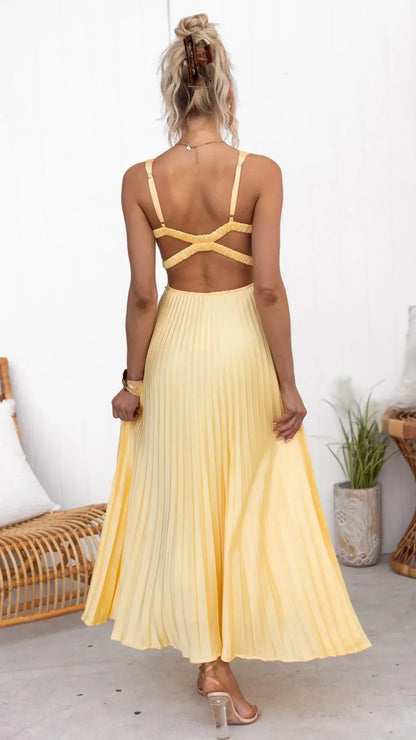 Robe Maxi Plissée Jaune à Col V pour Occasions Spéciales