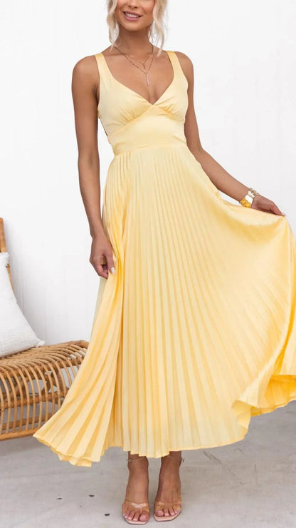 Robe Maxi Plissée Jaune à Col V pour Occasions Spéciales