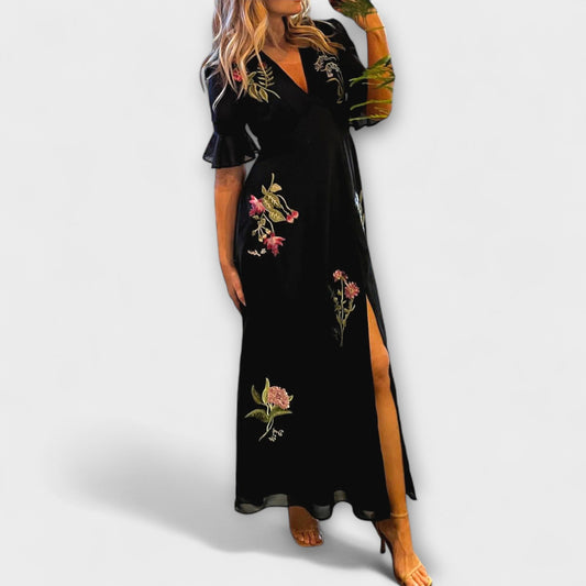 Beatrice - Robe brodée florale bleu marine pour occasions spéciales