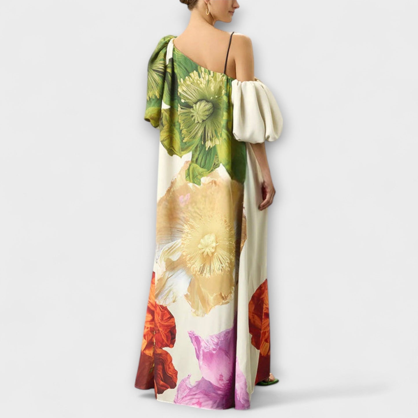 Robe Maxi Florale avec Encolure Asymétrique pour Occasions Spéciales