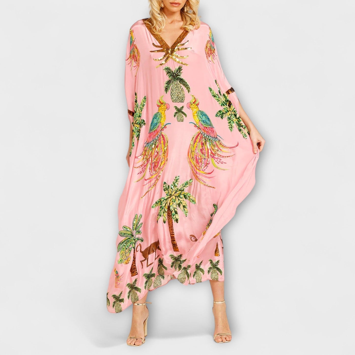Linda - Robe Chic à Épaules Asymétriques avec Design de Palmier Tropical