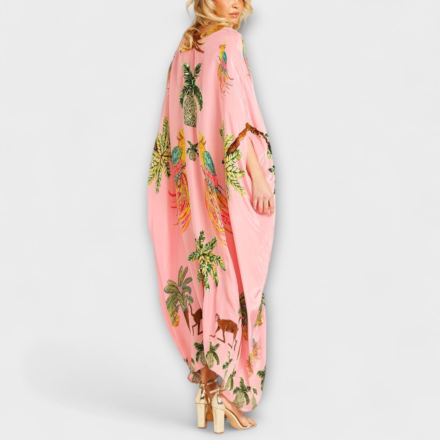 Linda - Robe Chic à Épaules Asymétriques avec Design de Palmier Tropical