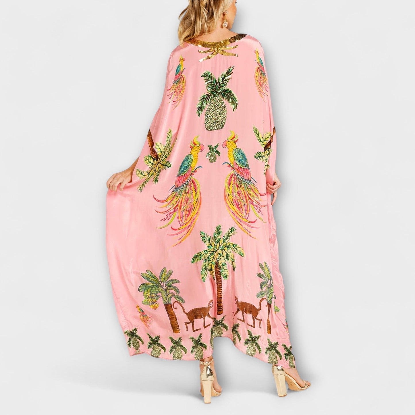 Linda - Robe Chic à Épaules Asymétriques avec Design de Palmier Tropical