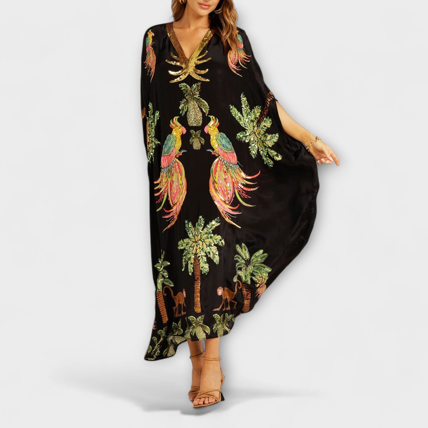 Linda - Robe Chic à Épaules Asymétriques avec Design de Palmier Tropical