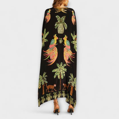 Linda - Robe Chic à Épaules Asymétriques avec Design de Palmier Tropical