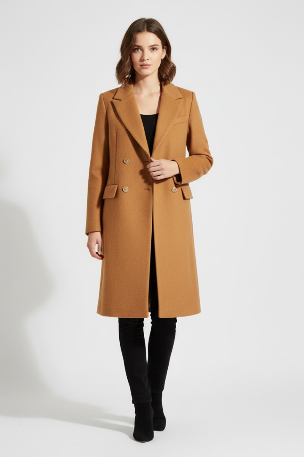 Manteau Peacoat Camel Élégant avec Accents de Boutons Dorés pour Sorties Chic